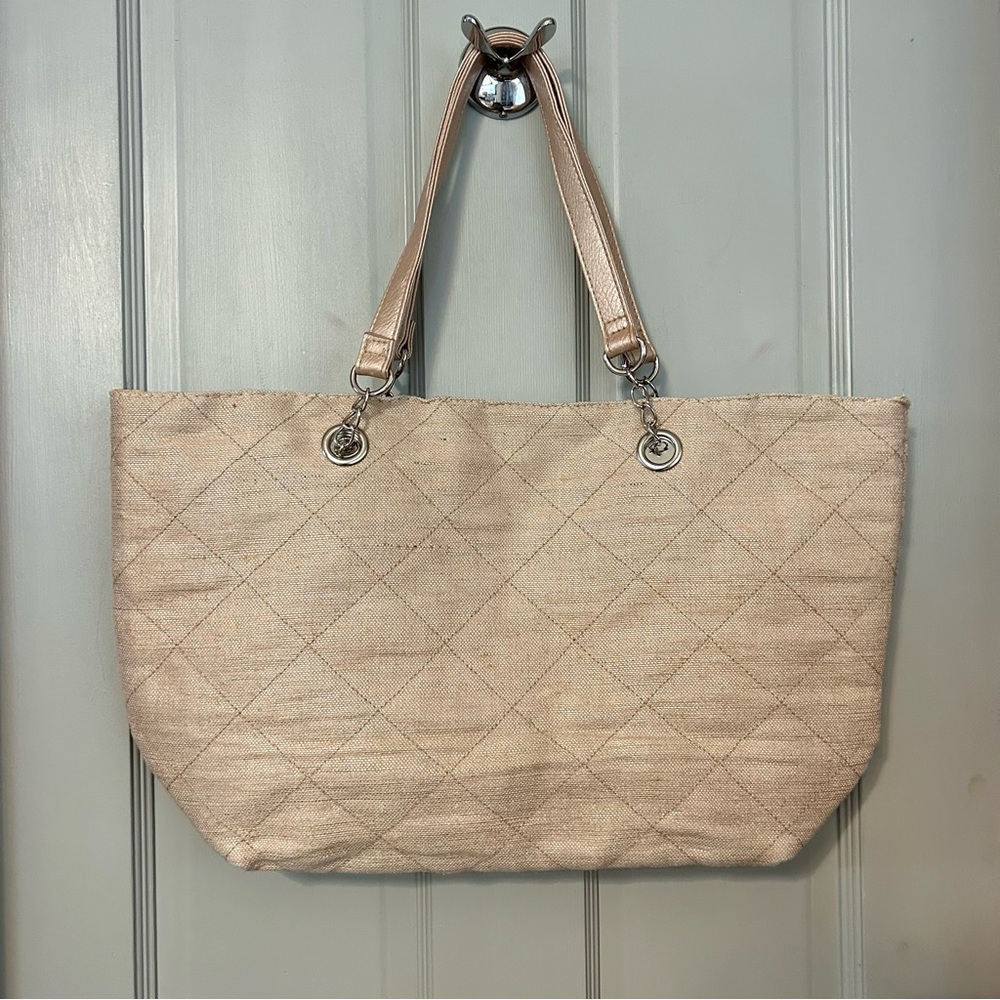 Linen Fabric Tote Bag Cream Rose Gold Threads Pleather Straps NWOT